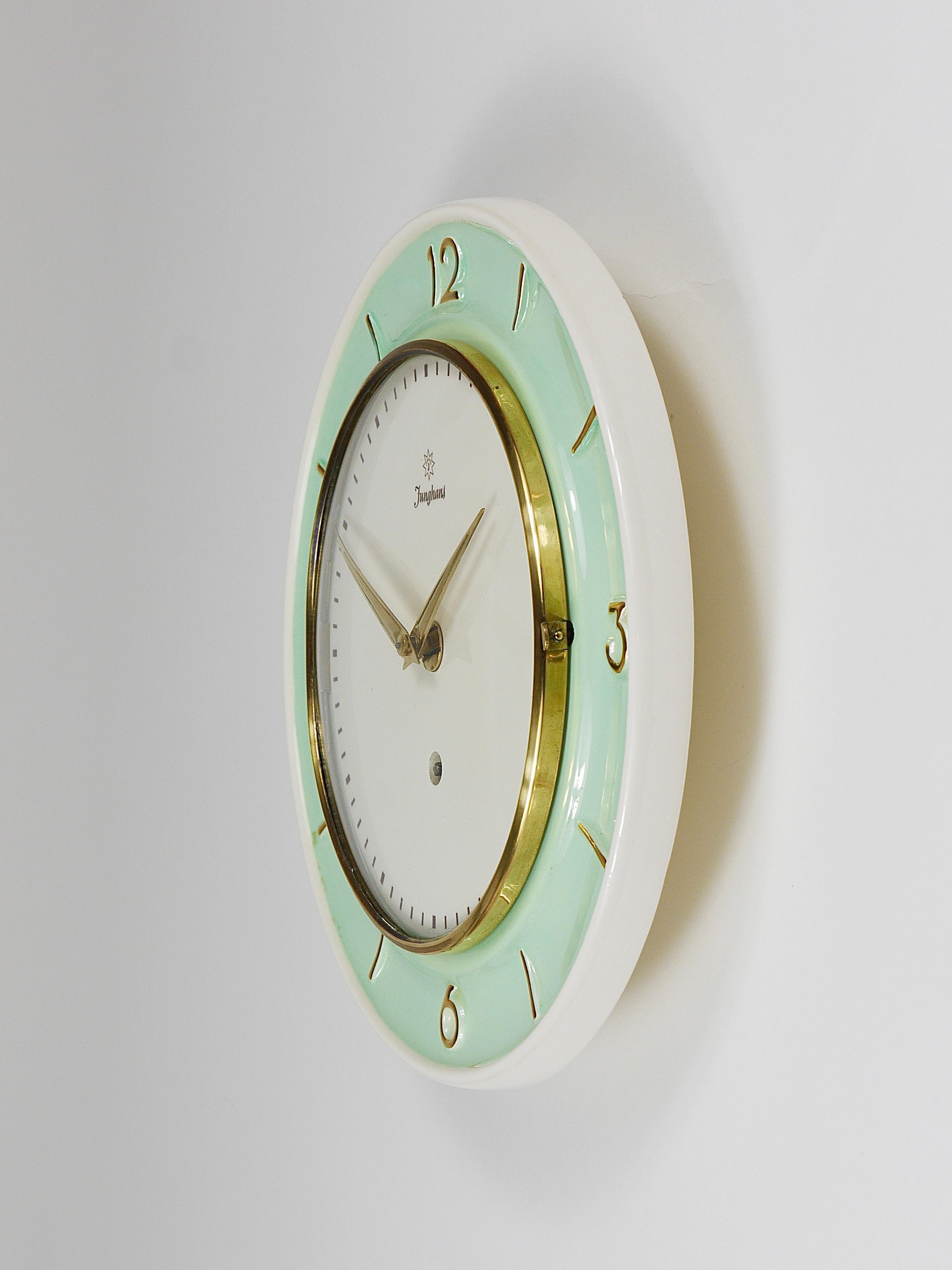 Junghans Round Turquoise & Golden Midcentury Brass Wall Clock, Germany, 1950s For Sale 7