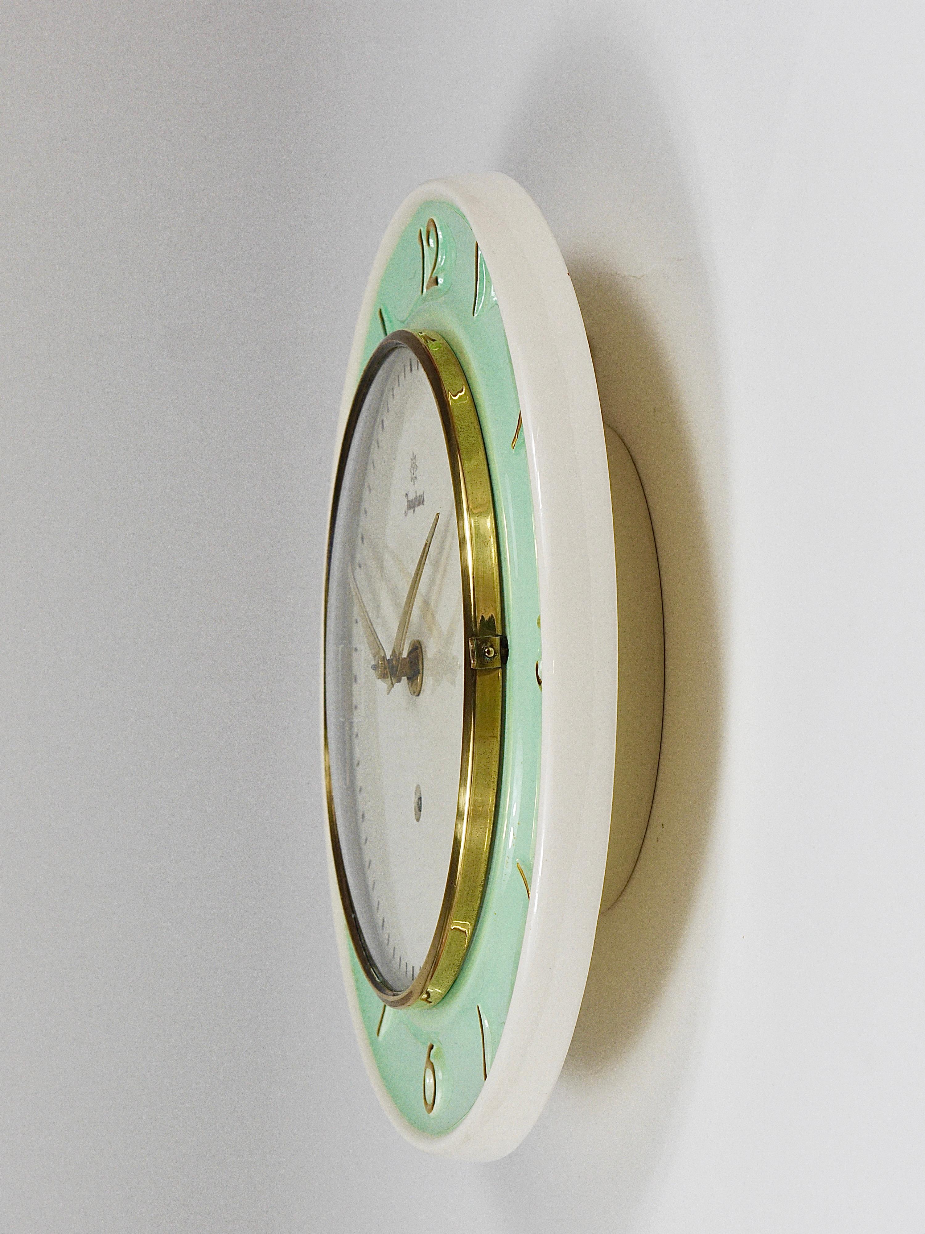 Junghans Round Turquoise & Golden Midcentury Brass Wall Clock, Germany, 1950s For Sale 8