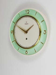 Junghans Round Turquoise & Golden Midcentury Brass Wall Clock, Germany, 1950s