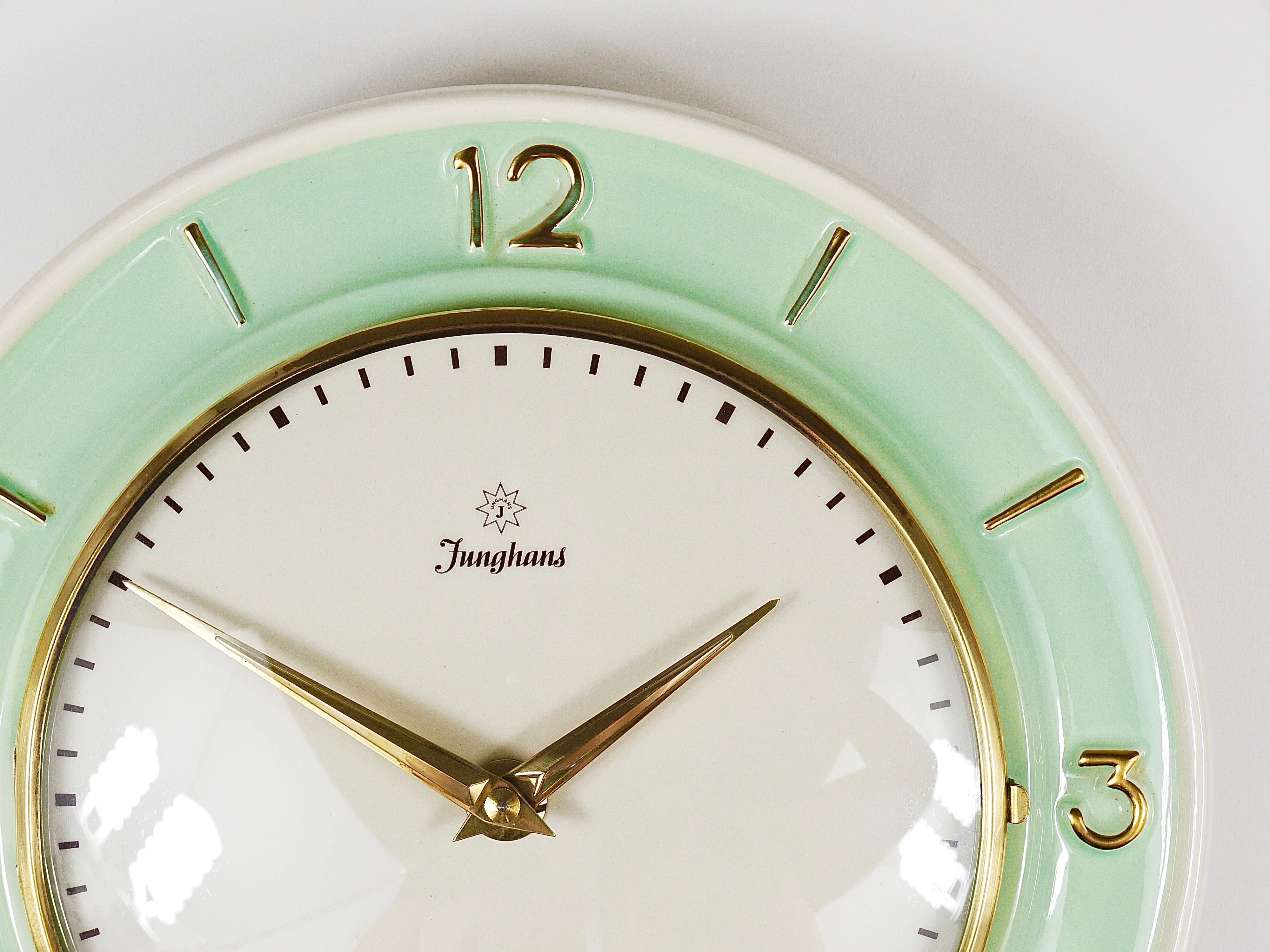 Mid-Century Modern Junghans Round Turquoise & Golden Midcentury Brass Wall Clock, Germany, 1950s For Sale
