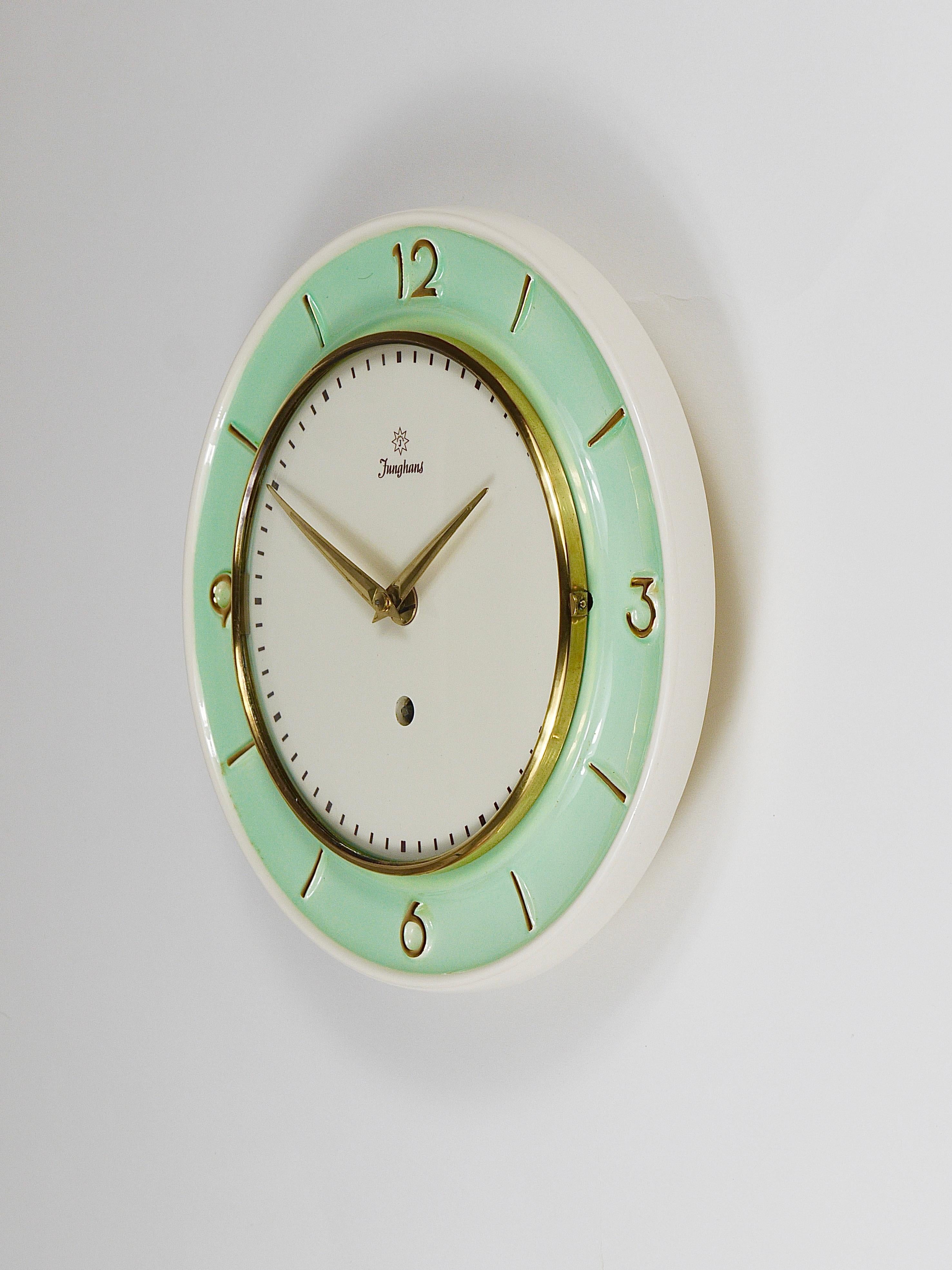 Glazed Junghans Round Turquoise & Golden Midcentury Brass Wall Clock, Germany, 1950s For Sale