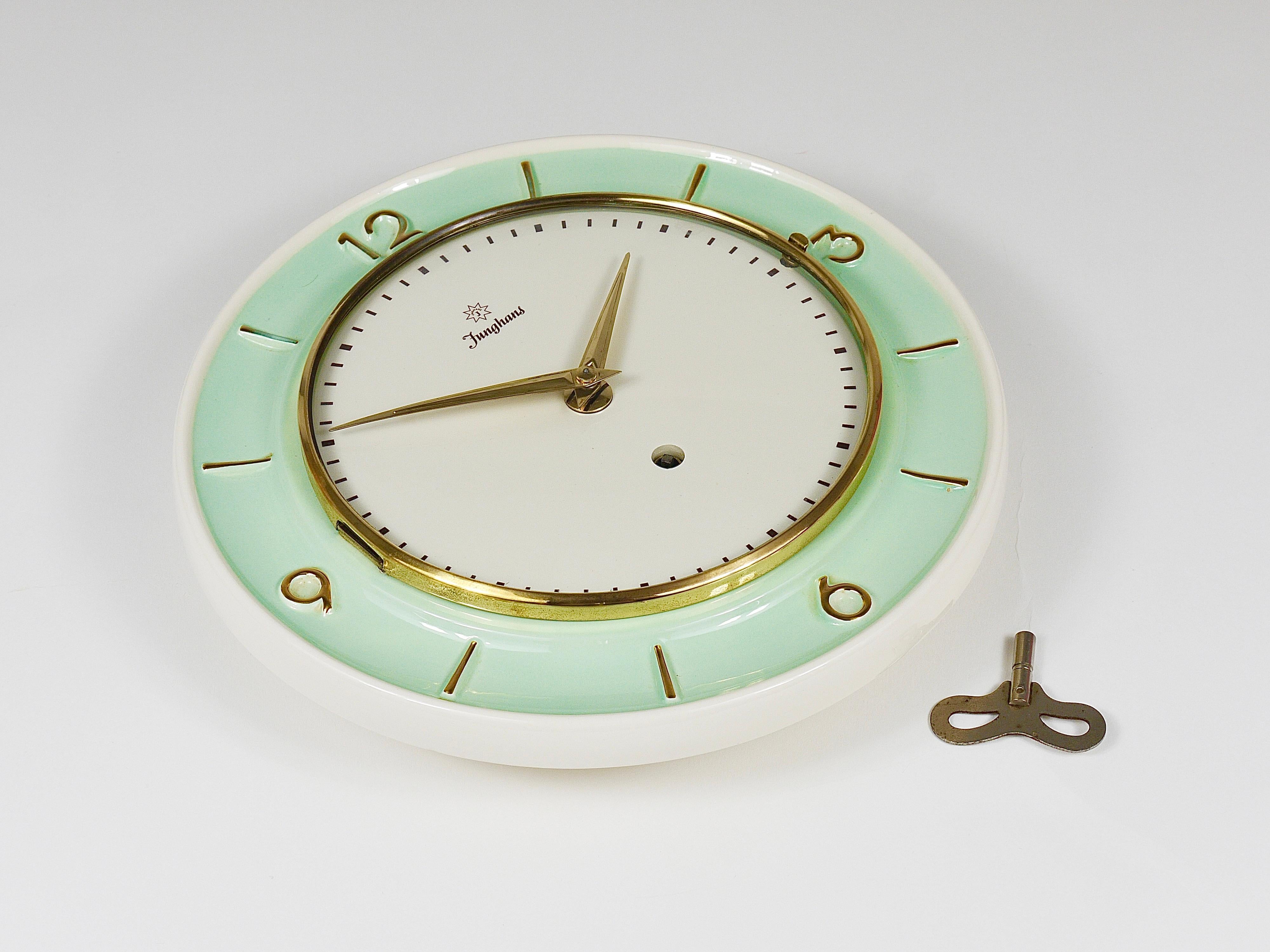 Junghans Round Turquoise & Golden Midcentury Brass Wall Clock, Germany, 1950s In Good Condition For Sale In Vienna, AT