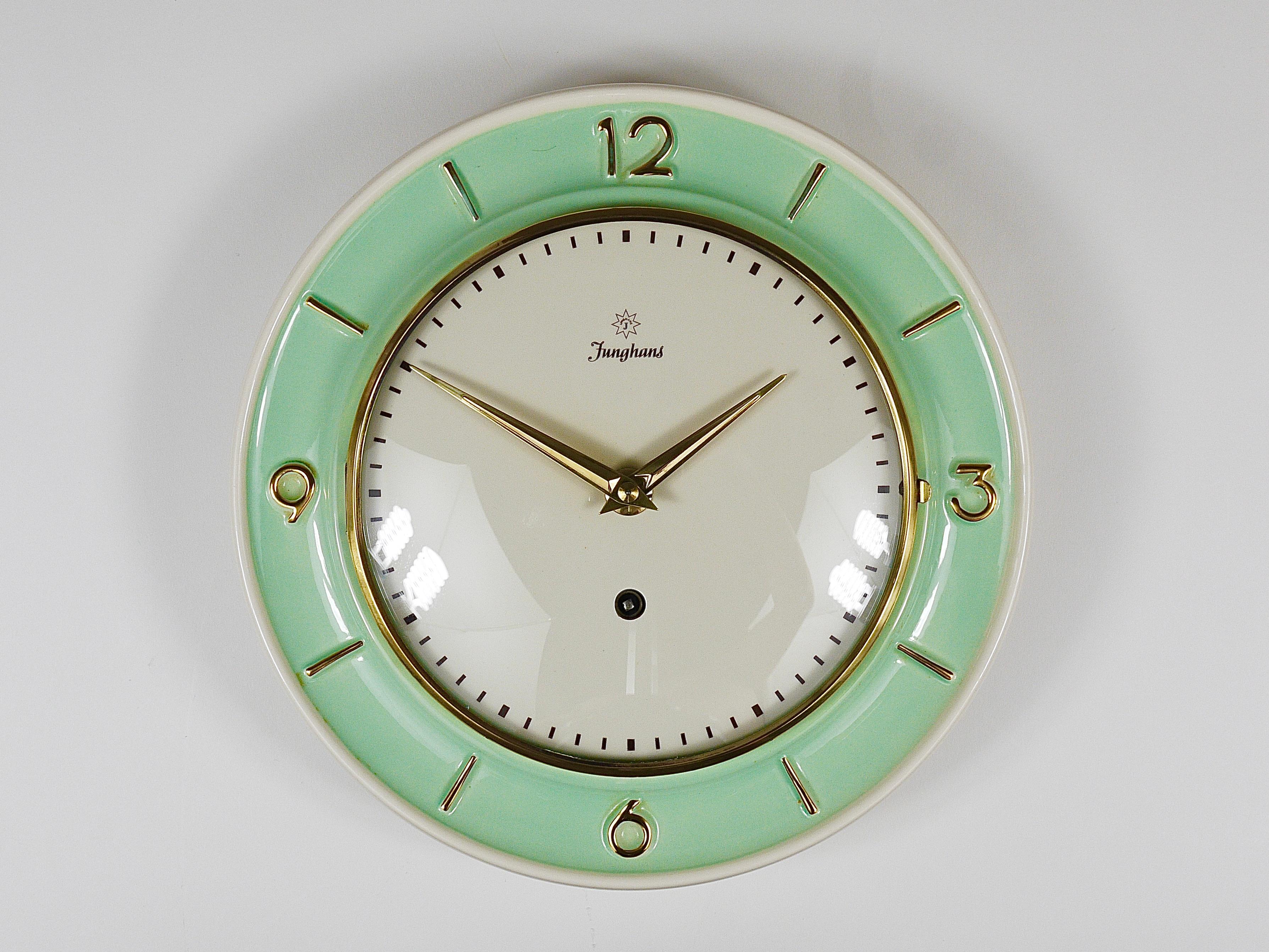 20th Century Junghans Round Turquoise & Golden Midcentury Brass Wall Clock, Germany, 1950s For Sale