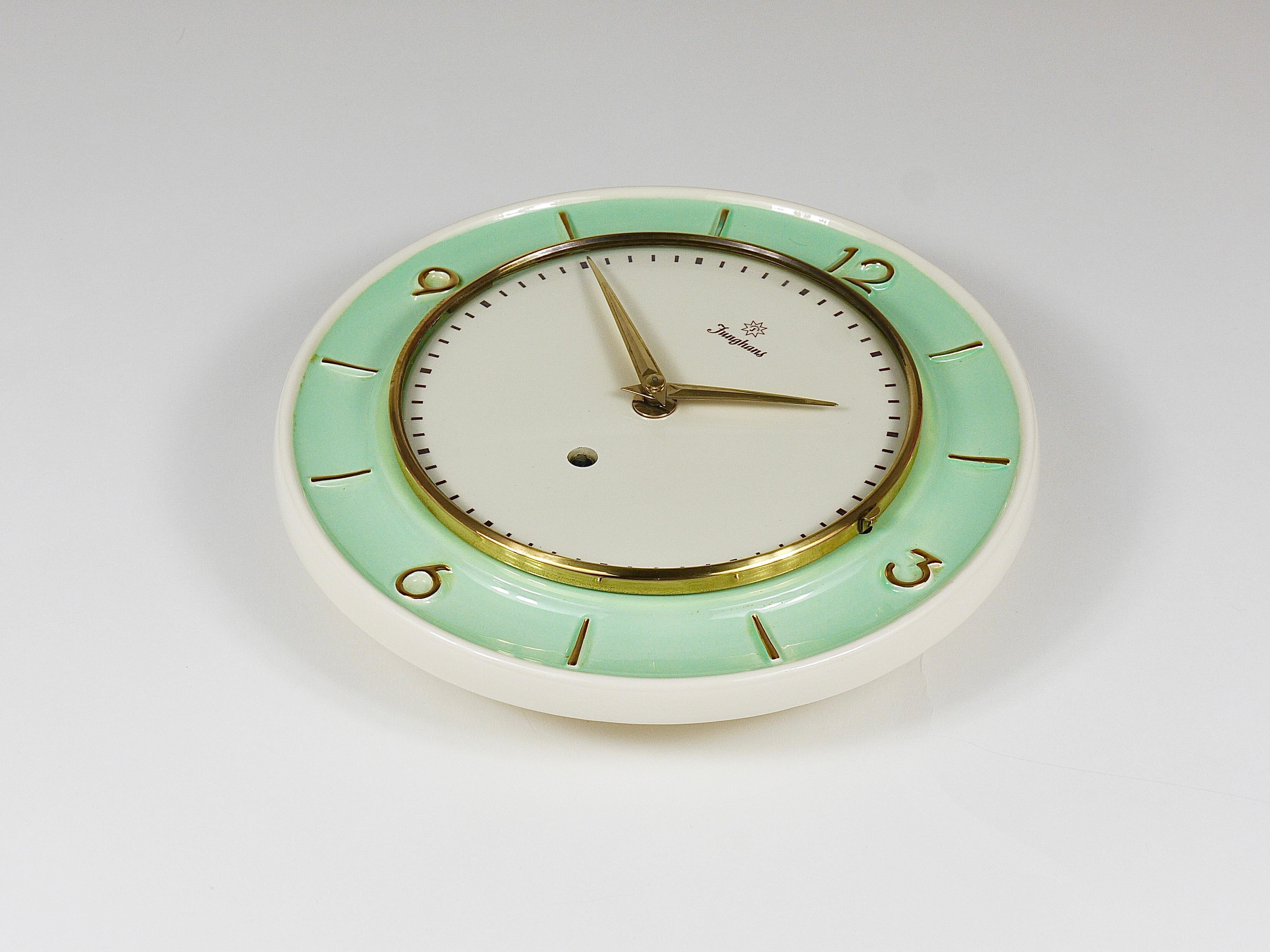 Junghans Round Turquoise & Golden Midcentury Brass Wall Clock, Germany, 1950s For Sale 1