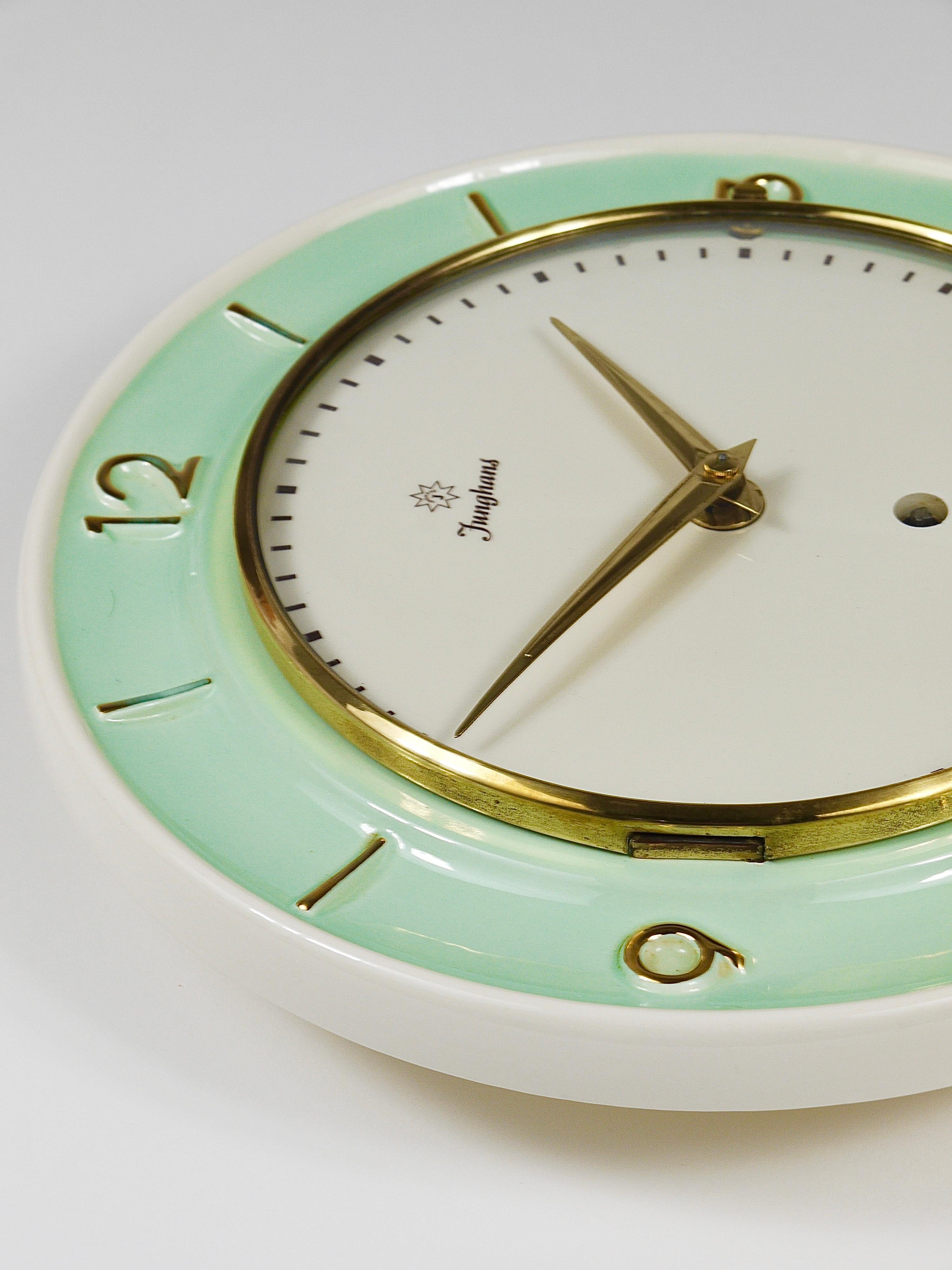 Junghans Round Turquoise & Golden Midcentury Brass Wall Clock, Germany, 1950s For Sale 2
