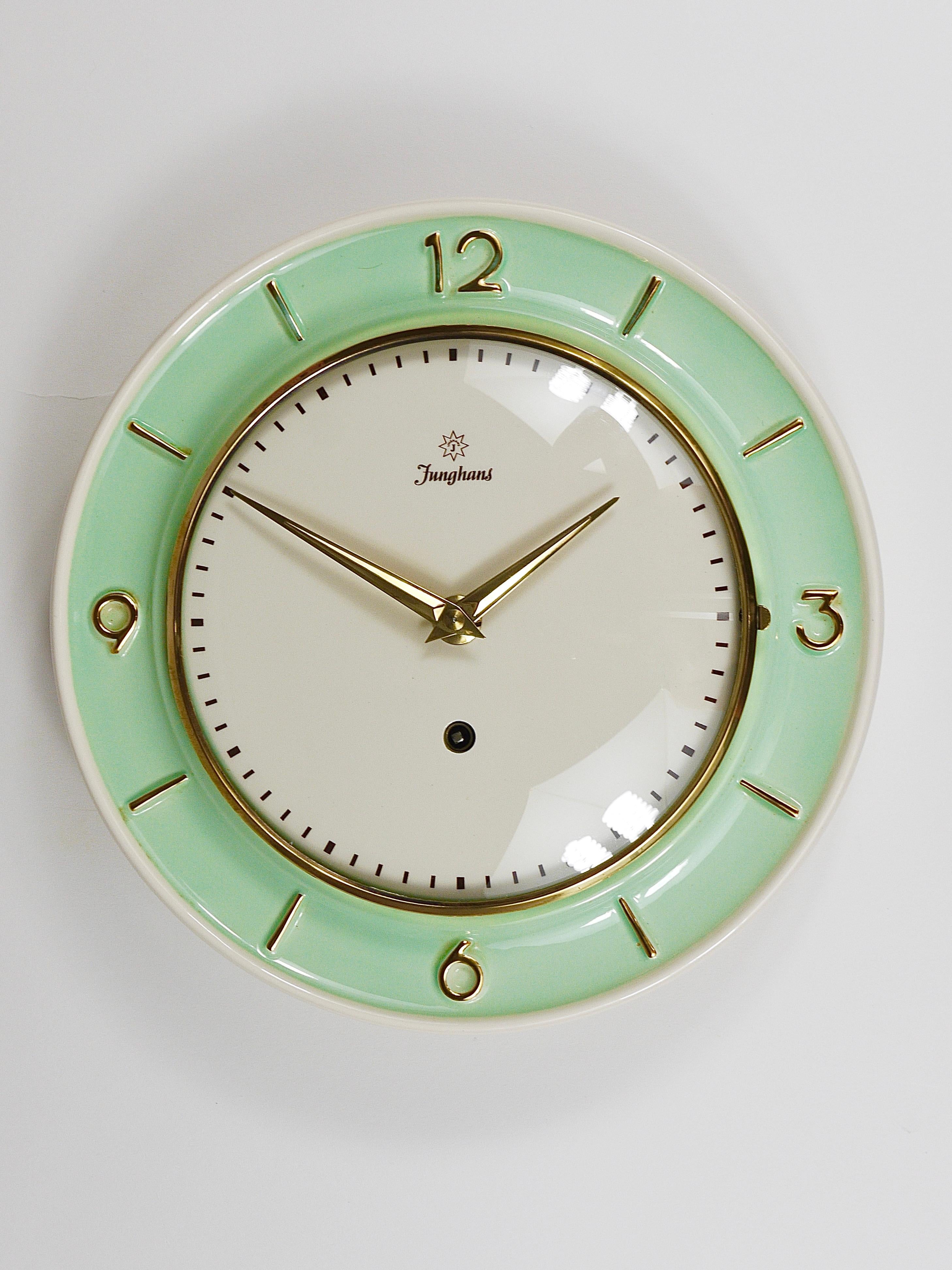 Junghans Round Turquoise & Golden Midcentury Brass Wall Clock, Germany, 1950s For Sale 3
