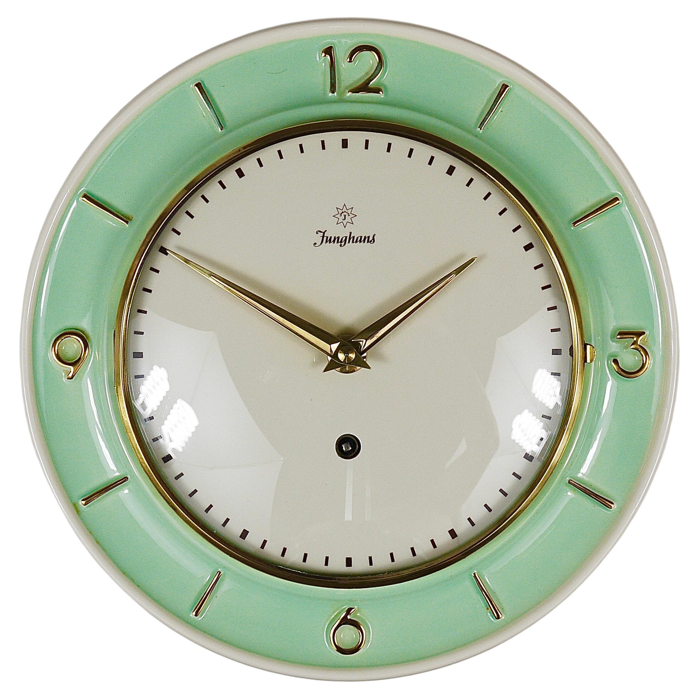 Junghans Round Turquoise & Golden Midcentury Brass Wall Clock, Germany, 1950s For Sale