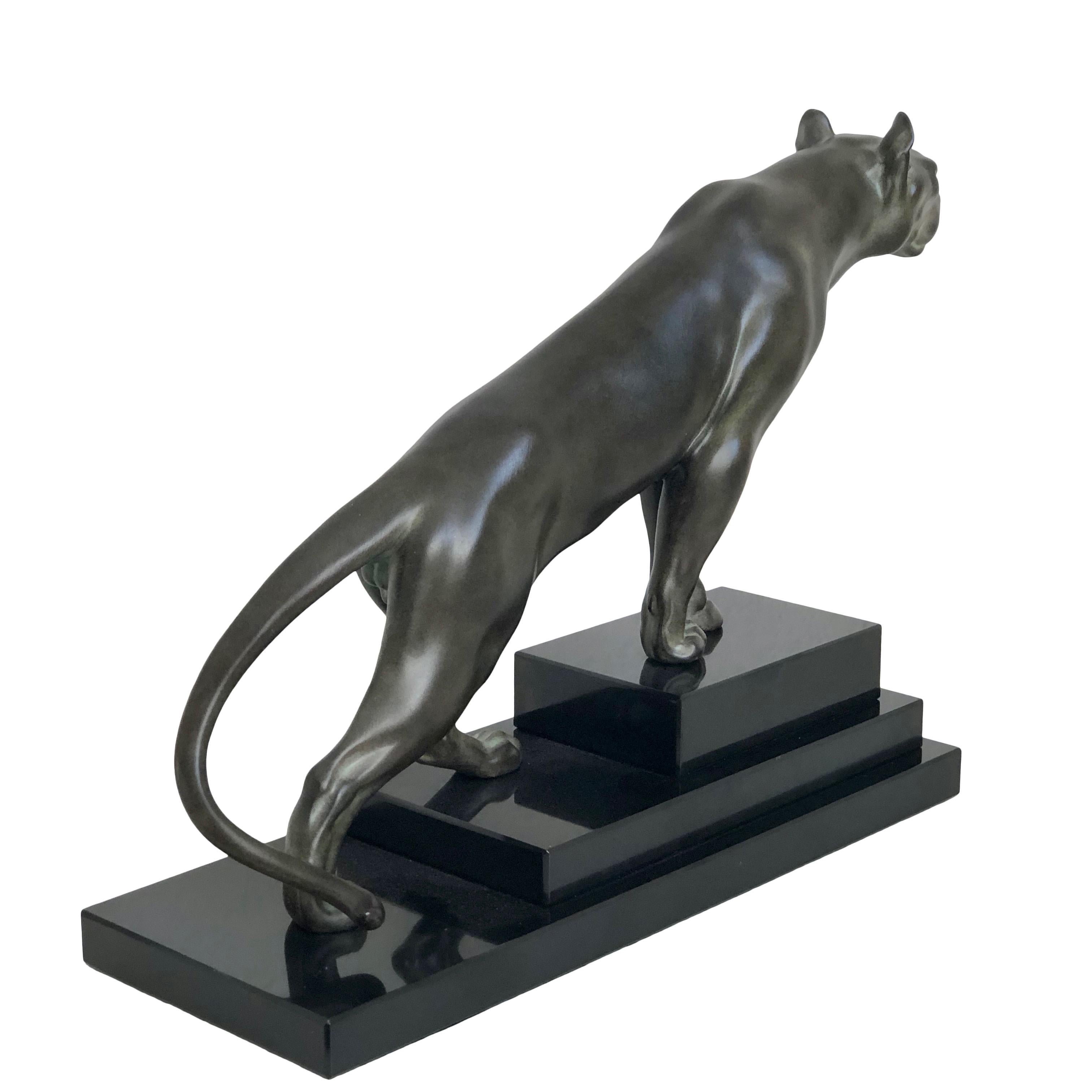 French Jungle Art Deco Style Panther Sculpture with Green Patina by Max Le Verrier For Sale