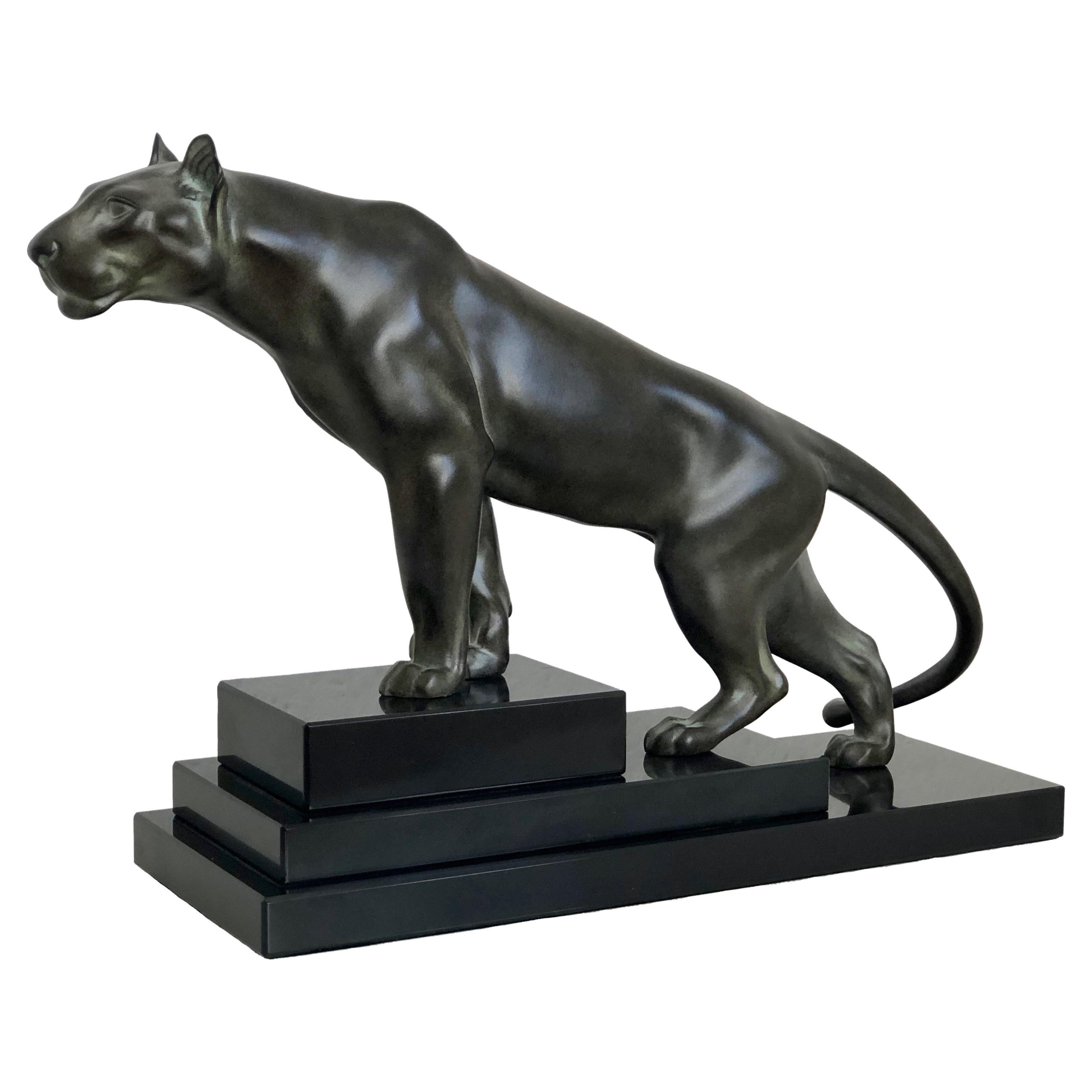 Jungle Art Deco Style Panther Sculpture with Green Patina by Max Le Verrier For Sale