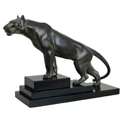 Jungle Art Deco Style Panther Sculpture with Green Patina by Max Le Verrier