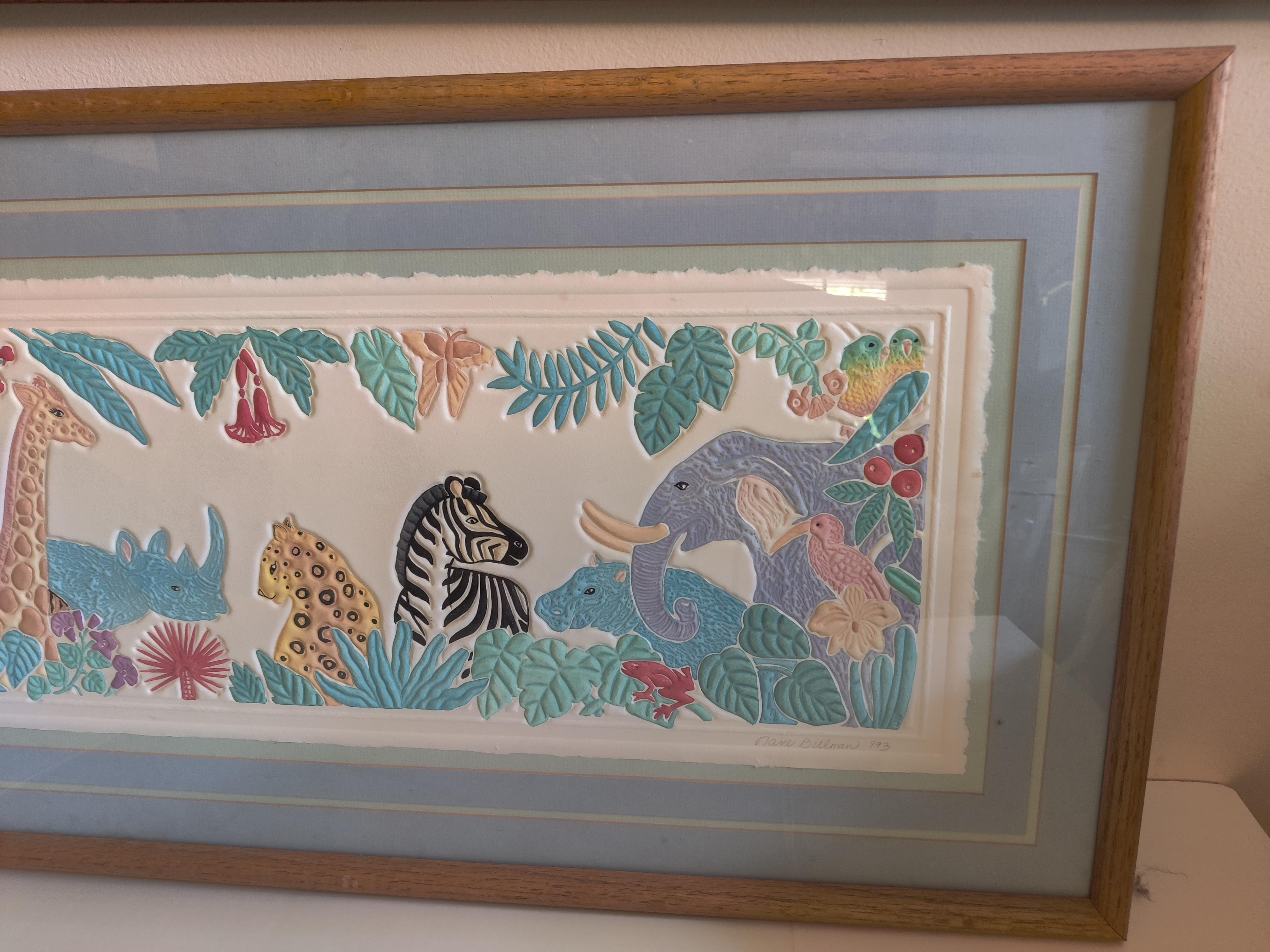 Late 20th Century Jungle Beat Embossed framed limited edition 72/250 by artist Jane Billman For Sale