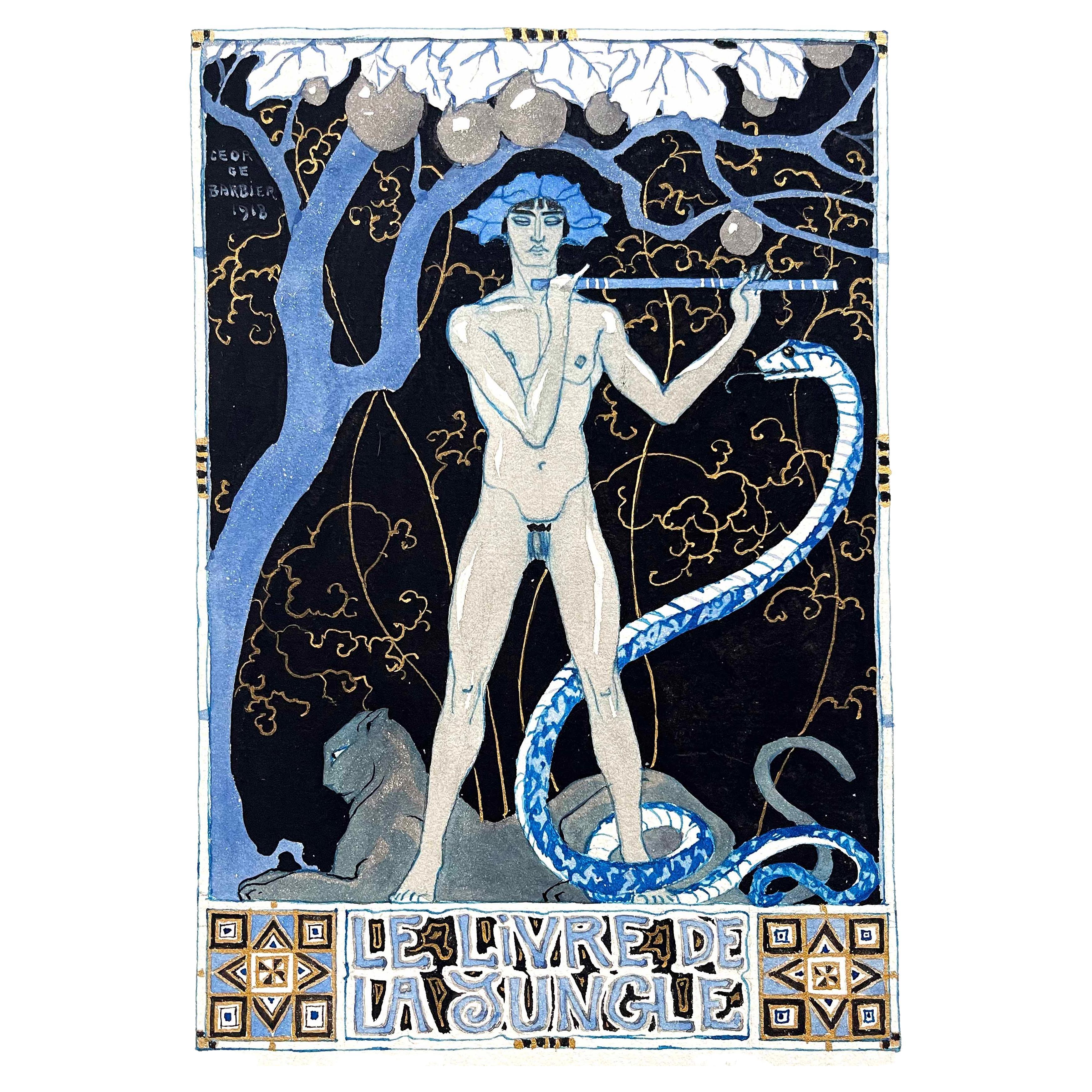 "Jungle Book, Important Painting w/ Male Nude by Barbier pour Schmied, 1918 en vente