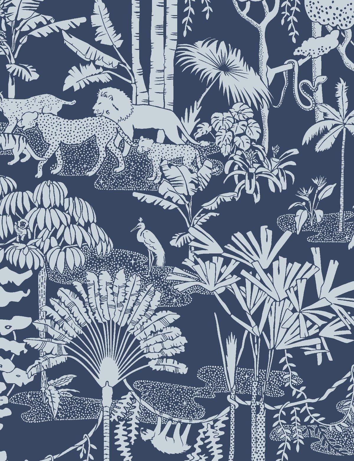 Moderne Papier peint Jungle Dream Designer de Lune gris pâle et bleu marine en vente