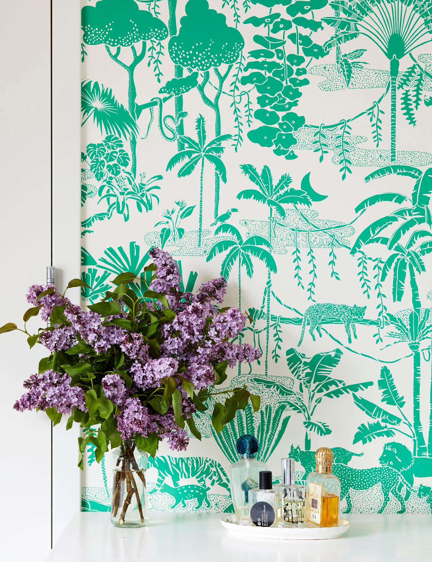 American Jungle Dream Designer Wallpaper in Monteverde 'Green and White' For Sale
