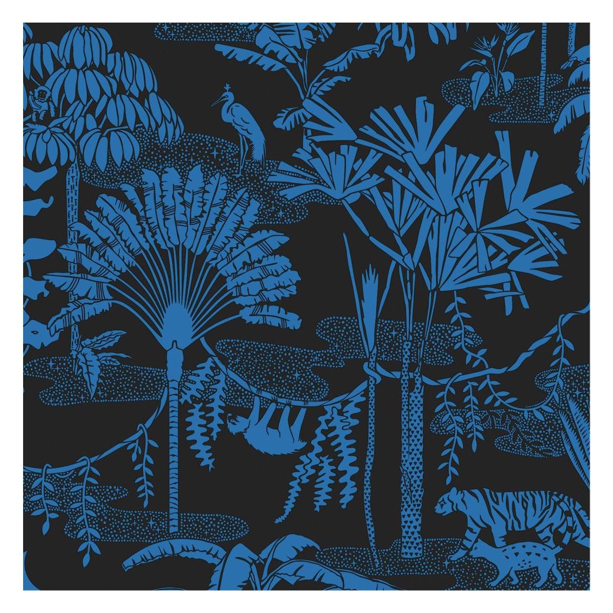 Jungle Dream Designer Wallpaper in Mediterranean 'True Blue and Black'