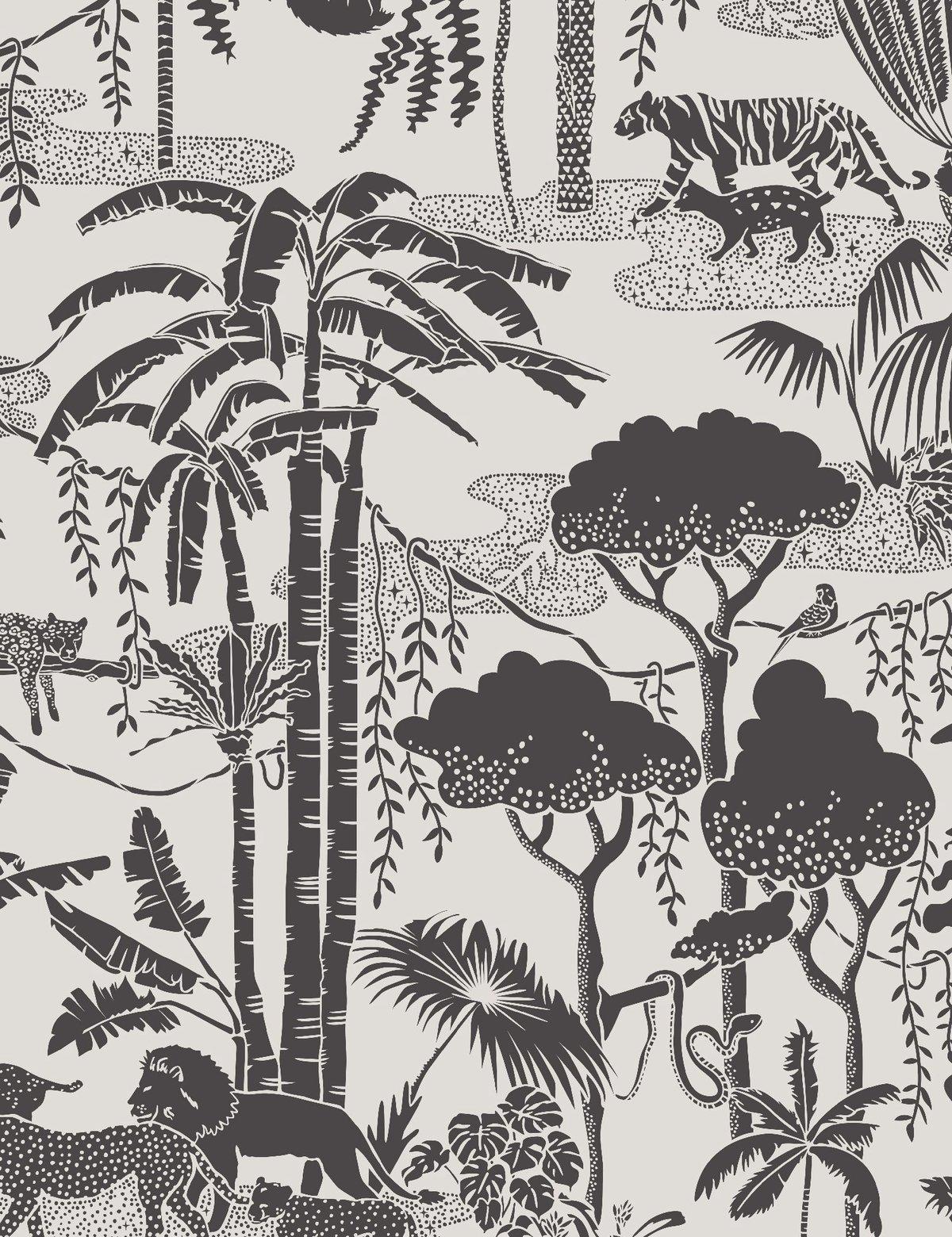 Moderne Papier peint de créateur Jungle Dream en couleur papier journal ' Black and Warm Neutral ' en vente