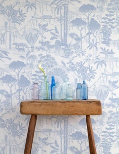 Jungle Dream Designer Wallpaper in Bluebell 'Dusty Blue and White'