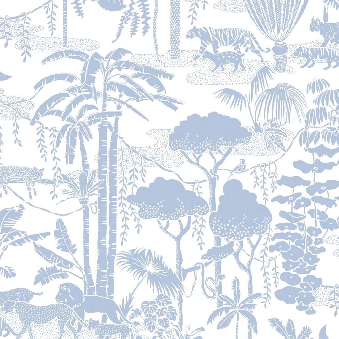 Jungle Dream Designer Wallpaper in Bluebell 'Dusty Blue and White' For Sale