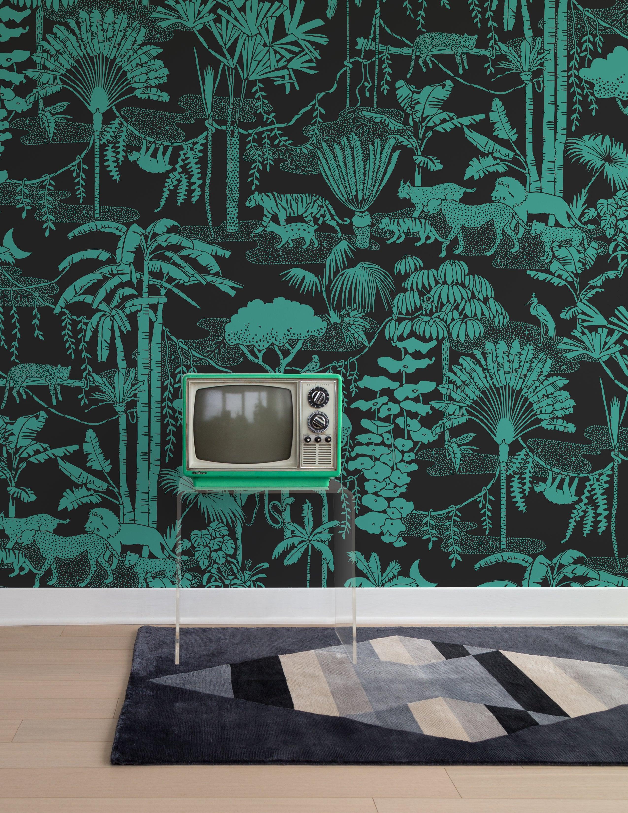 Américain Papier peint Jungle Dream Designer en couleur émeraude « vert et noir » en vente