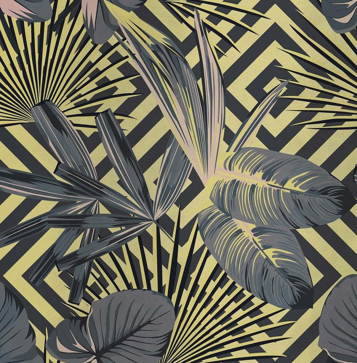 The bold design of this wall covering, where exotic leaves create a mesmerizing visual contrast over a geometric background, will make a statement in a modern or eclectic interior, either if used for an entire room or only to add texture and color
