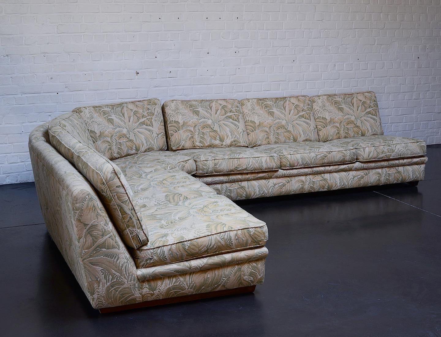 Sectional sofa with thick Jungle embroidery fabric made in Sweden in the 70's. The foot are Mae of hardwood. There's 3 elements, a double seater + a three seater and a corner. The original fabric is still on it and in remarkable condition. Very