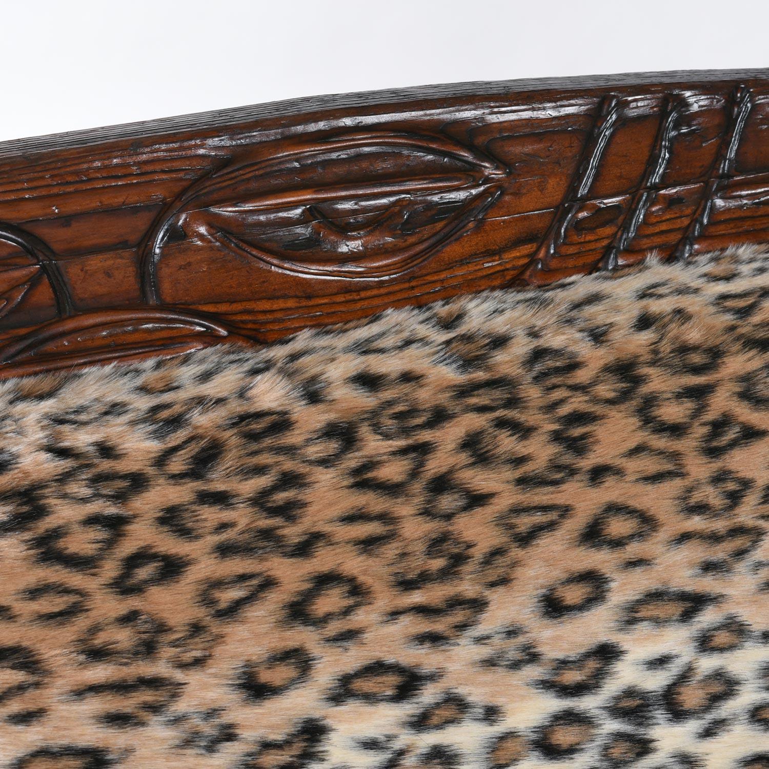 Jungle Room Faux Leopard Fur Hand Carved Paddle Arm Witco Tiki Thrown Sofa For Sale 3