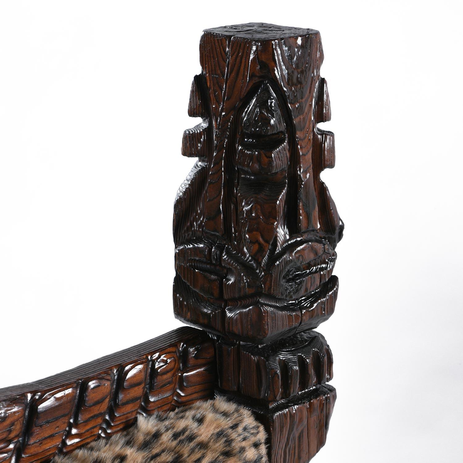 Jungle Room Faux Leopard Fur Hand Carved Paddle Arm Witco Tiki Thrown Sofa 5