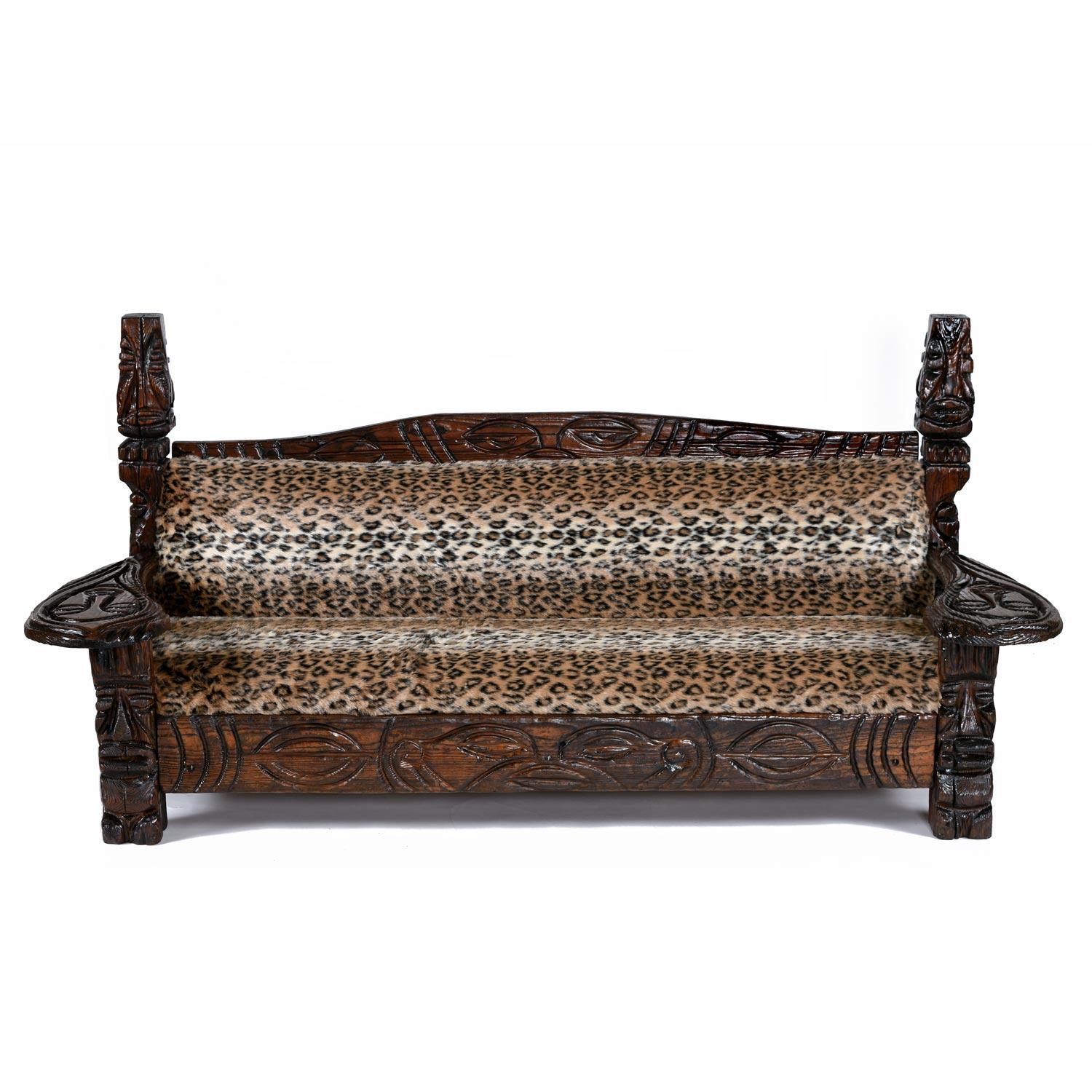 American Jungle Room Faux Leopard Fur Hand Carved Paddle Arm Witco Tiki Thrown Sofa For Sale