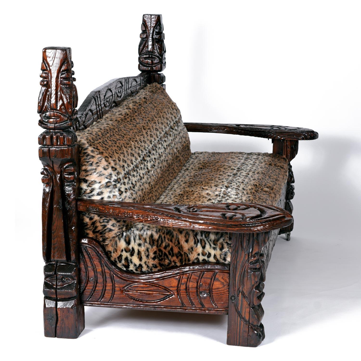 Jungle Room Faux Leopard Fur Hand Carved Paddle Arm Witco Tiki Thrown Sofa In Excellent Condition In Chattanooga, TN