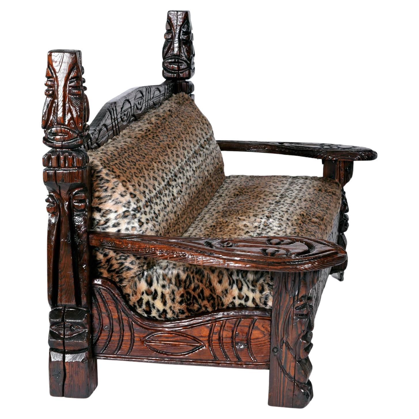 Jungle Room Faux Leopard Fur Hand Carved Paddle Arm Witco Tiki Thrown Sofa In Good Condition For Sale In Chattanooga, TN