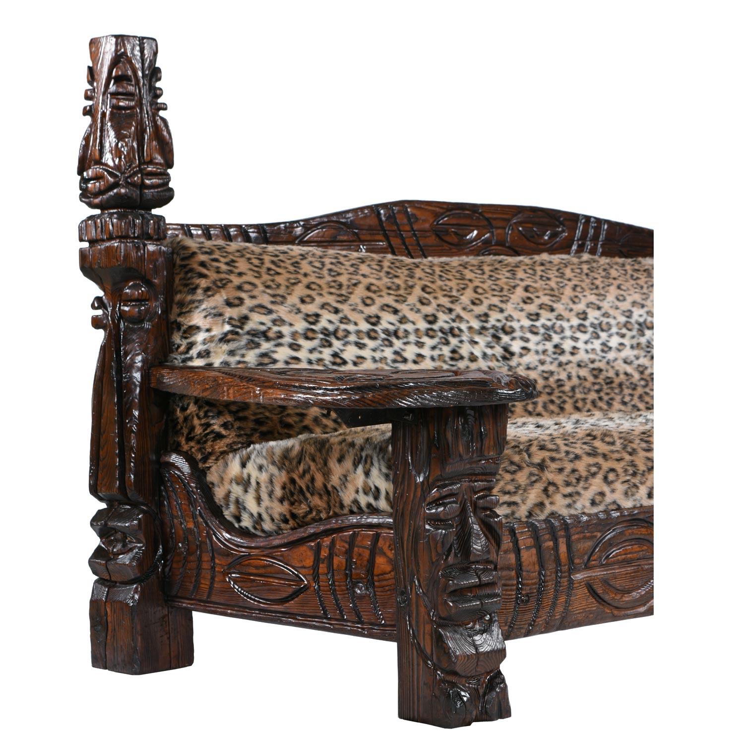 Mid-20th Century Jungle Room Faux Leopard Fur Hand Carved Paddle Arm Witco Tiki Thrown Sofa