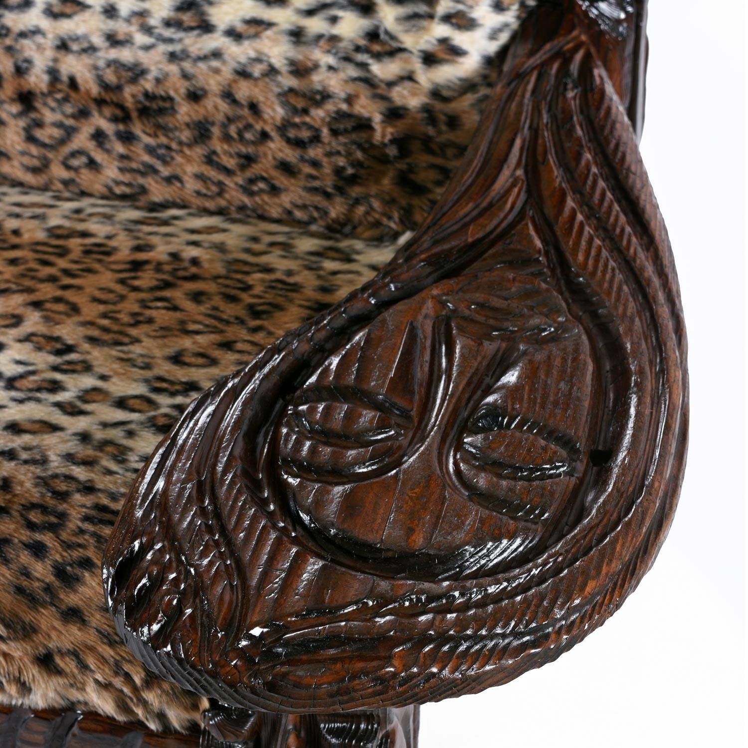 Faux Fur Jungle Room Faux Leopard Fur Hand Carved Paddle Arm Witco Tiki Thrown Sofa For Sale