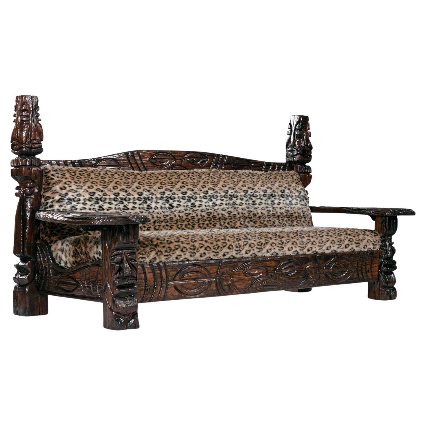 Jungle Room Faux Leopard Fur Hand Carved Paddle Arm Witco Tiki Thrown Sofa For Sale