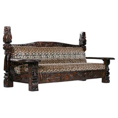 Jungle Room Faux Leopard Fur Hand Carved Paddle Arm Witco Tiki Thrown Sofa