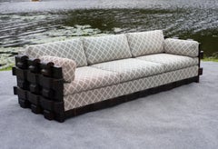 Jungle Room Style Mid-Century Modern Carved Wood Upholstered Sofa by Witco