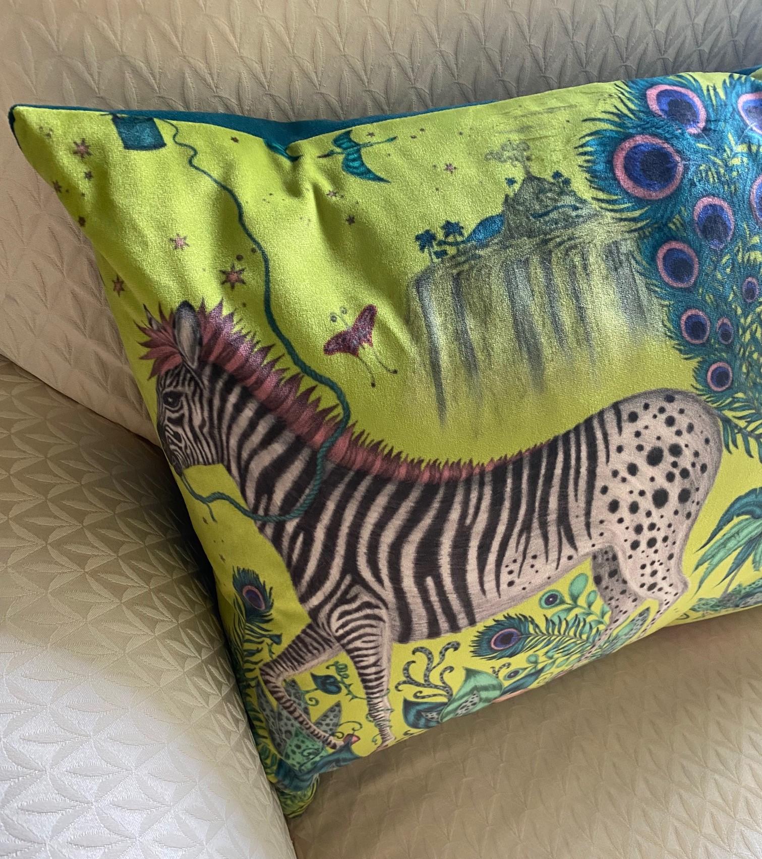 A P.G. Ruskin and Company original. Knife-edge rectangular pillow (zippered case and down insert) in lime green Lost World Velvet Fabric - Emma J Shipley (front) and contrasting teal cotton velvet (back). There are 6 pillows available: 4 with Zebras
