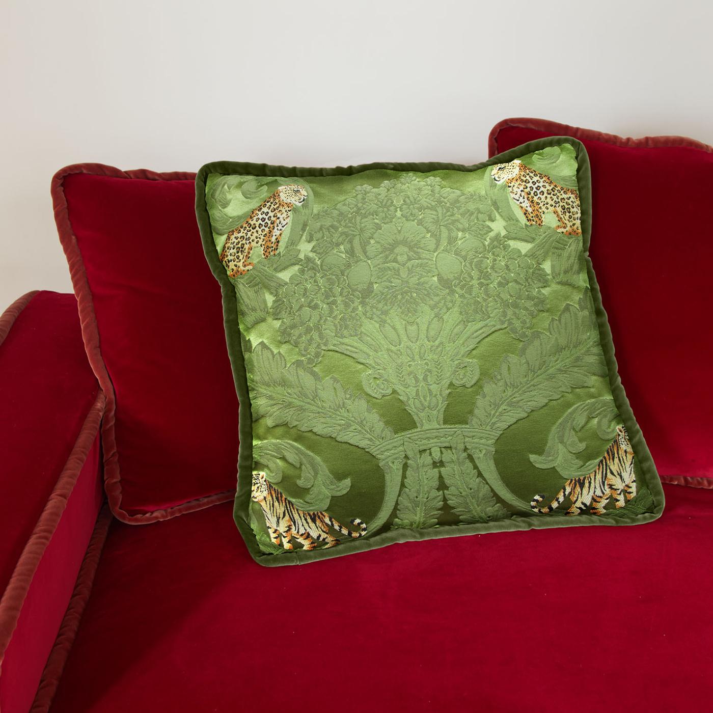 Textile Jungle Silk and Moss Green Velvet Reversible Cushion by Biosofa For Sale