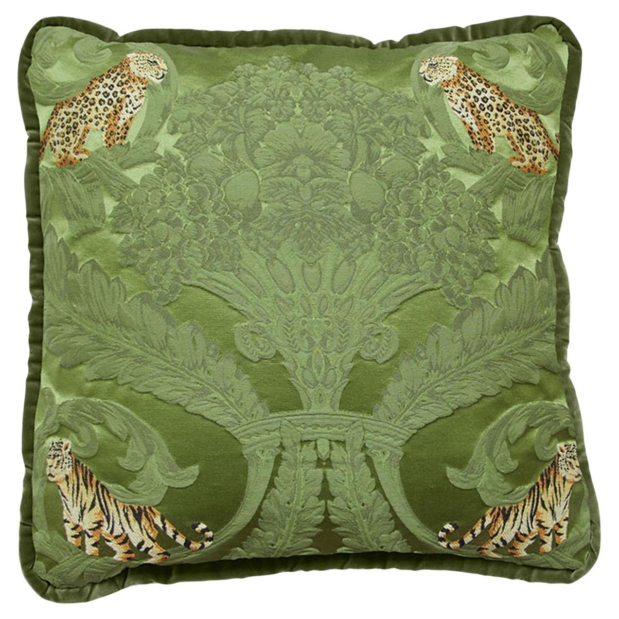 Jungle Silk and Moss Green Velvet Reversible Cushion by Biosofa For Sale