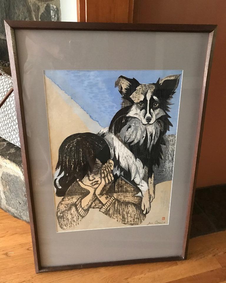 Junichiro Sekino, signierter japanischer Holzschnitt mit Jungen und seinem Hund im Zustand „Gut“ im Angebot in Studio City, CA