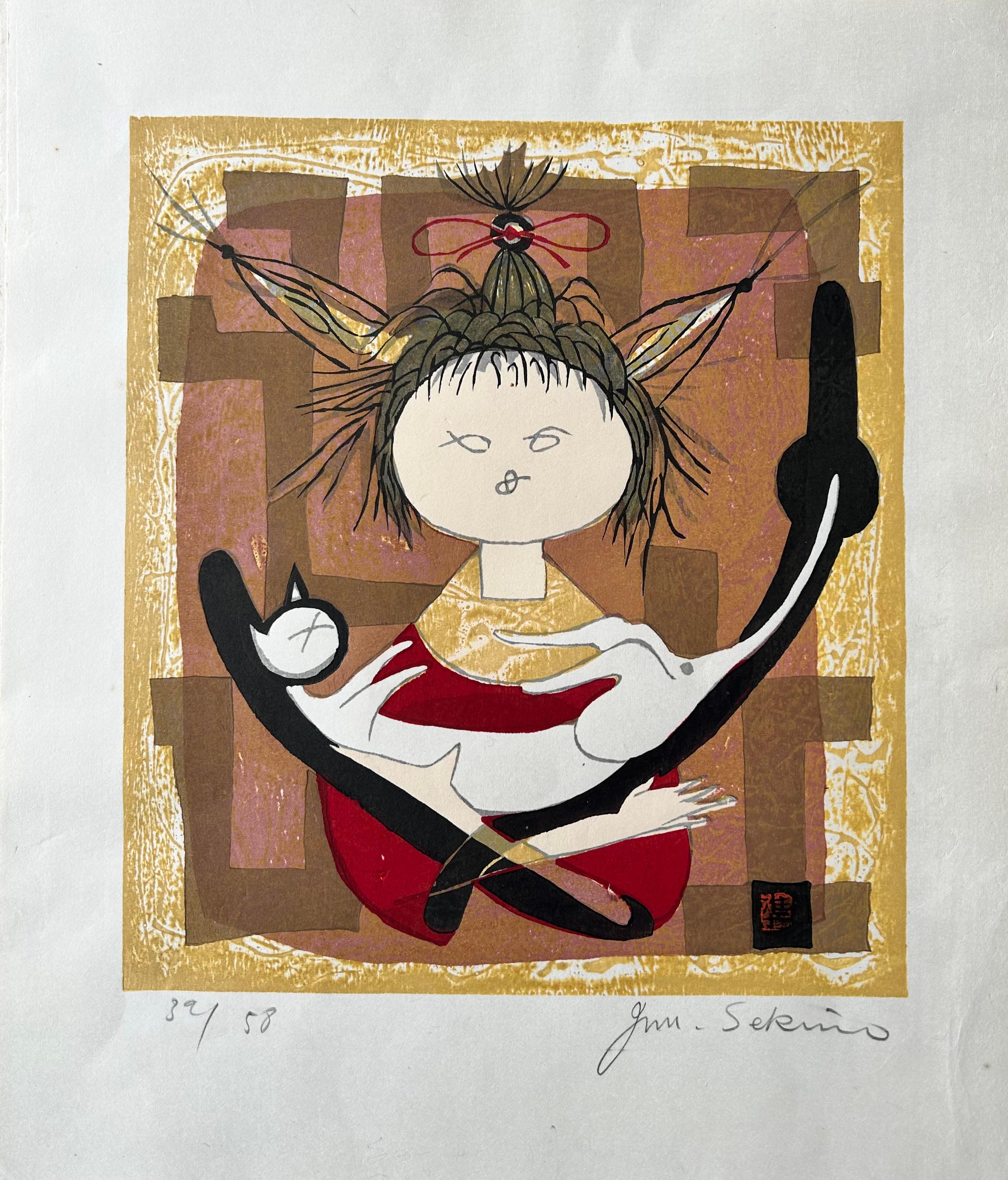 Junichiro Sekino, signierte Auflage 39/58, Japanisches Mädchen mit roter Katze, Junichiro im Angebot 1