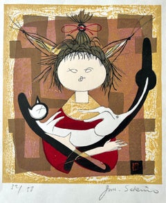 Junichiro Sekino, signierte Auflage 39/58, Japanisches Mädchen mit roter Katze, Junichiro