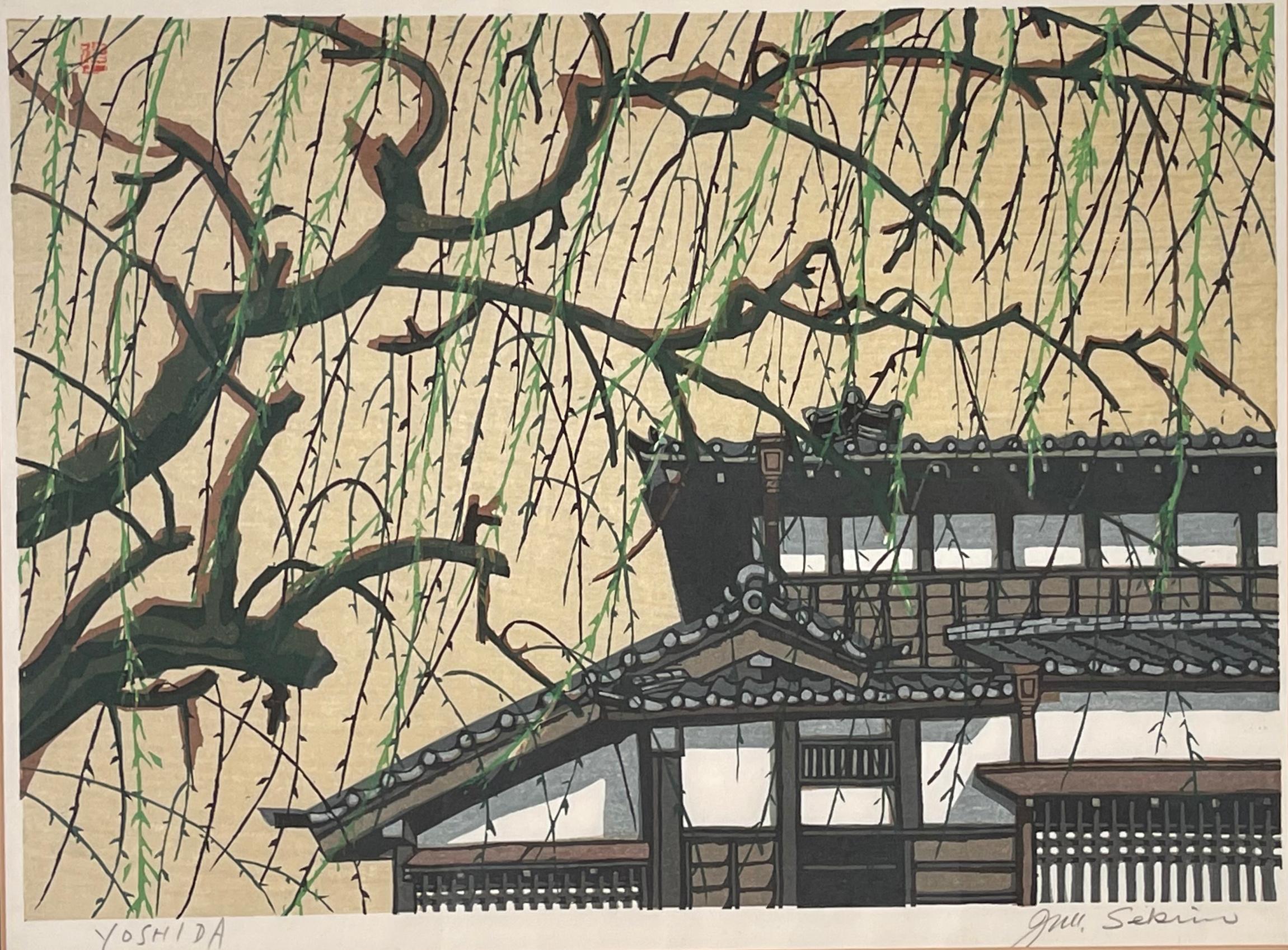 Junichiro Sekino Landscape Print - TEAHOUSE AND WILLOW TREE
