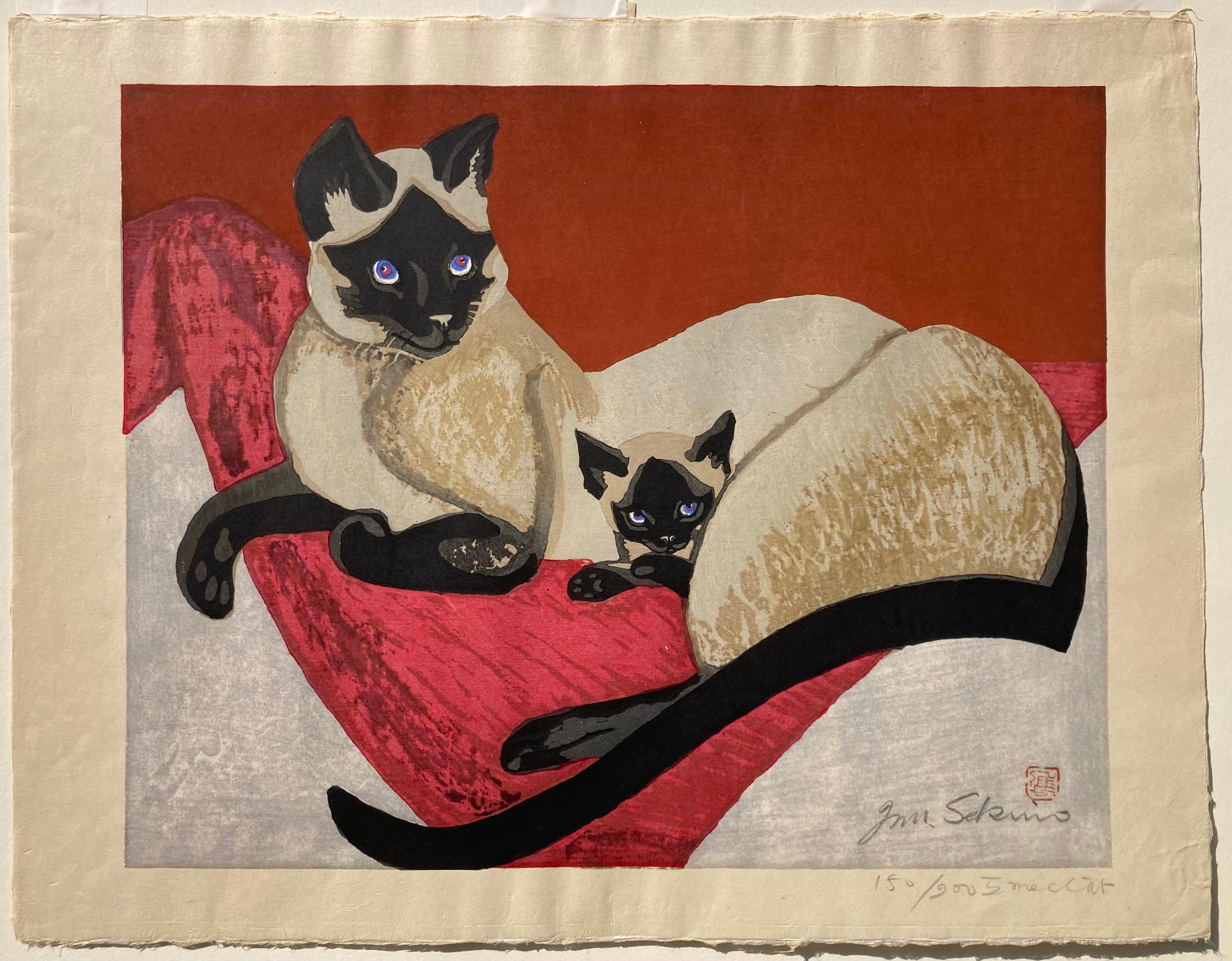 TWO SIAMESE CATS - Beige Animal Print by Junichiro Sekino