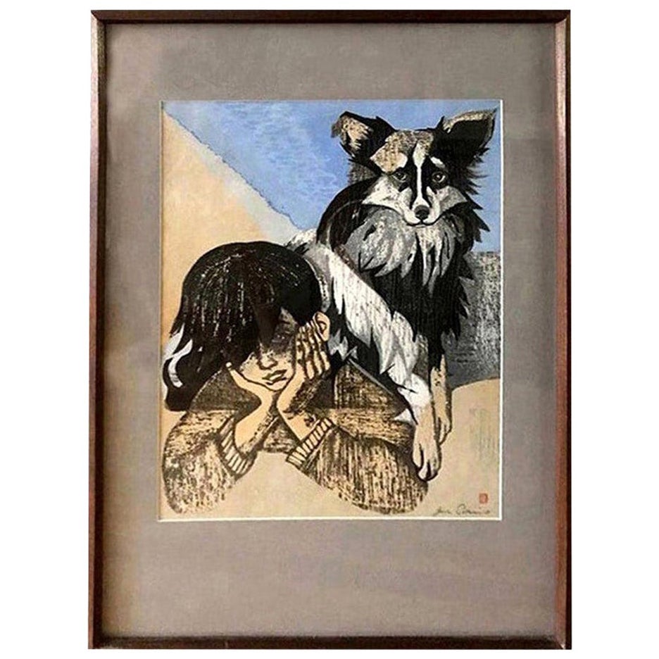 Junichiro Sekino Impresión xilográfica japonesa firmada Niño y su perro