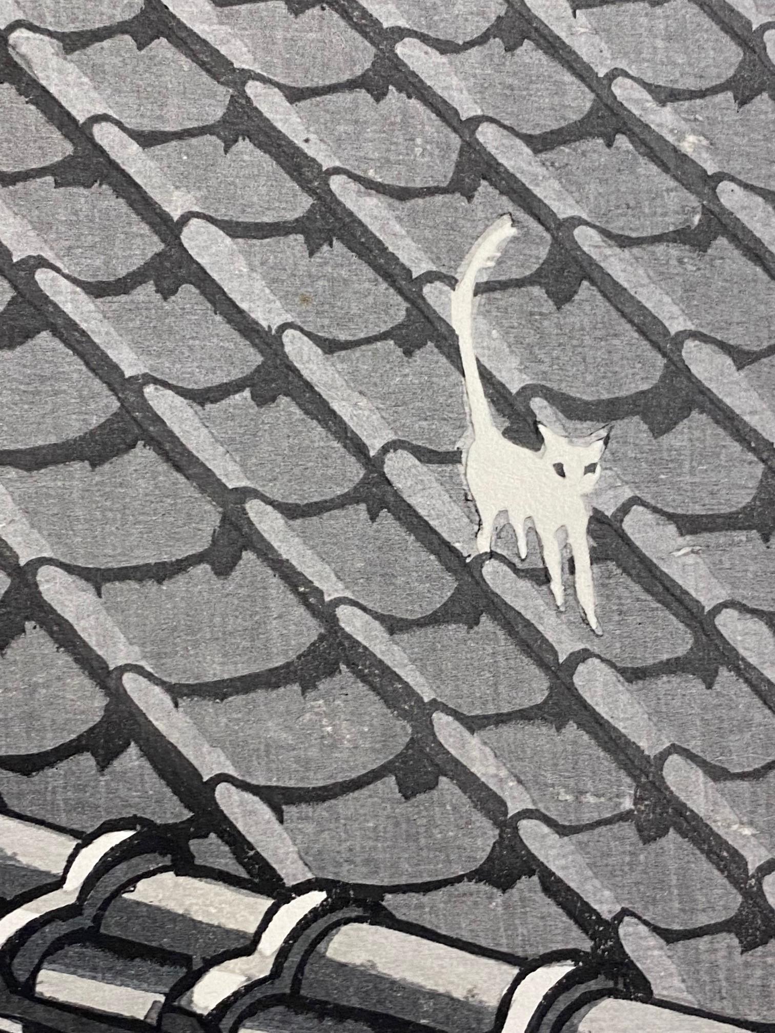 Mid-20th Century Junichiro Sekino Signed Japanese Woodblock Print Lovesick Cat 'Cat on Rooftop'