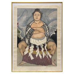 Junichiro Sekino, dessin japonais sur bois signé Wakanohana attendant Dohyo-ir