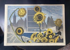 Junichiro Sekino firmato in edizione limitata. Stampa giapponese Woodblock Fiori e New York