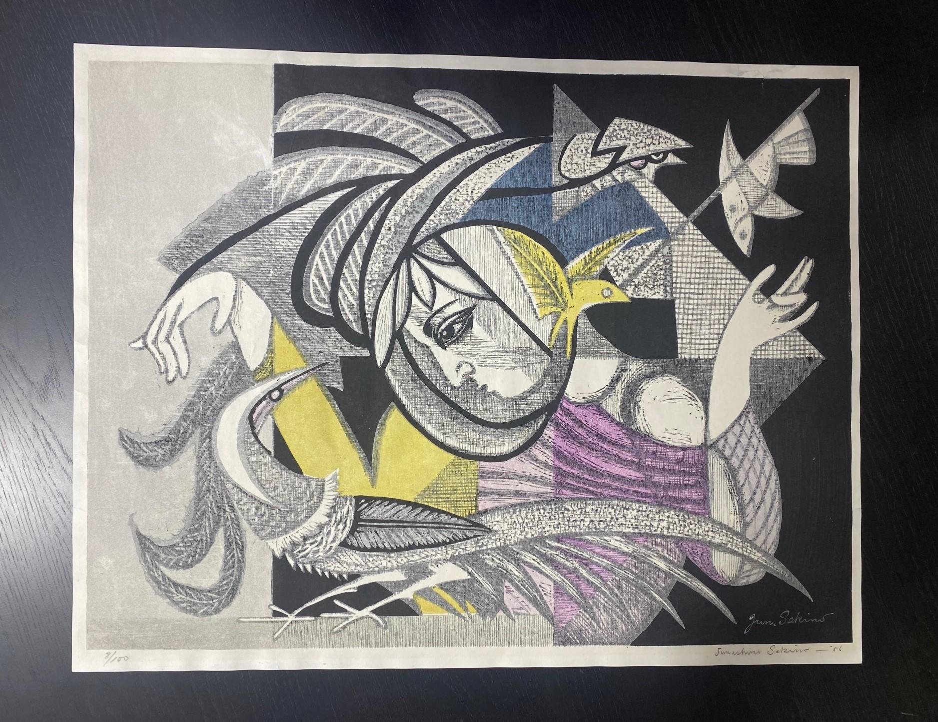 A truly wonderful and exceedingly rare abstract limited edition woodblock print by famed Japanese artist/printmaker Junichiro Sekino.

This print, which appears to be titled 