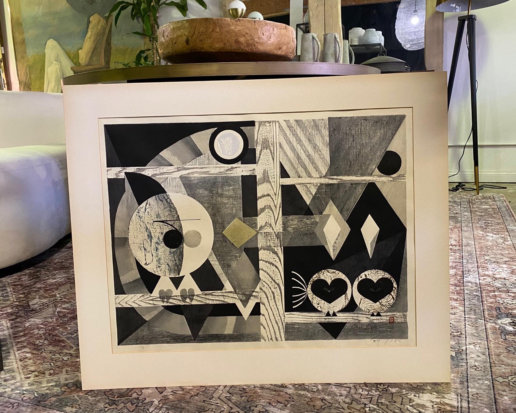 A wonderful, geometrically composed, and deeply colored, limited edition woodblock print by famed Japanese artist Junichiro Sekino. A rare abstract work featuring owls or bids. Apparently, quite a scarce and rare image by the master printmakers.