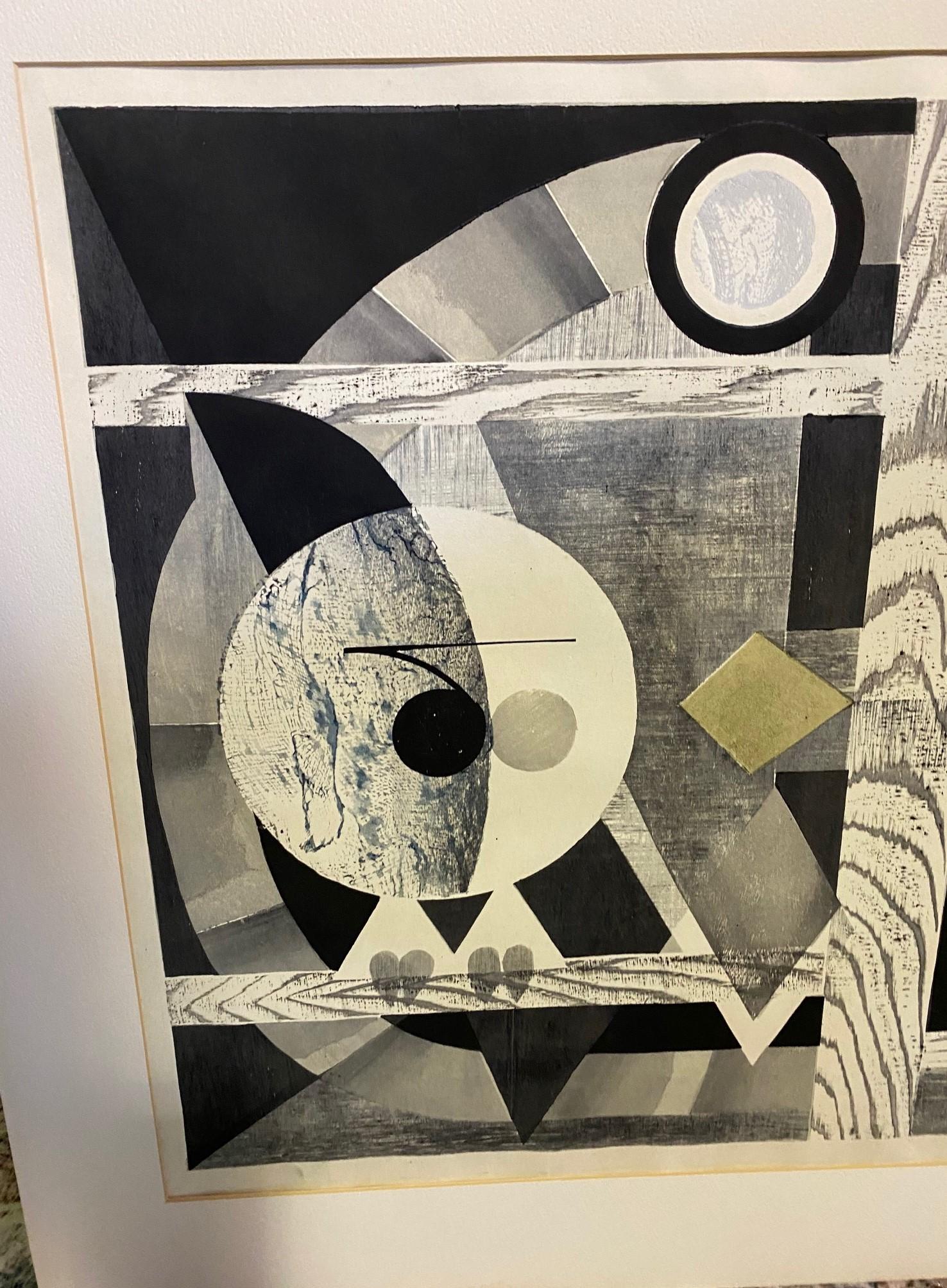 Junichiro Sekino Signed Limited Edition Japanese Woodblock Abstract Owl Print In Good Condition In Studio City, CA